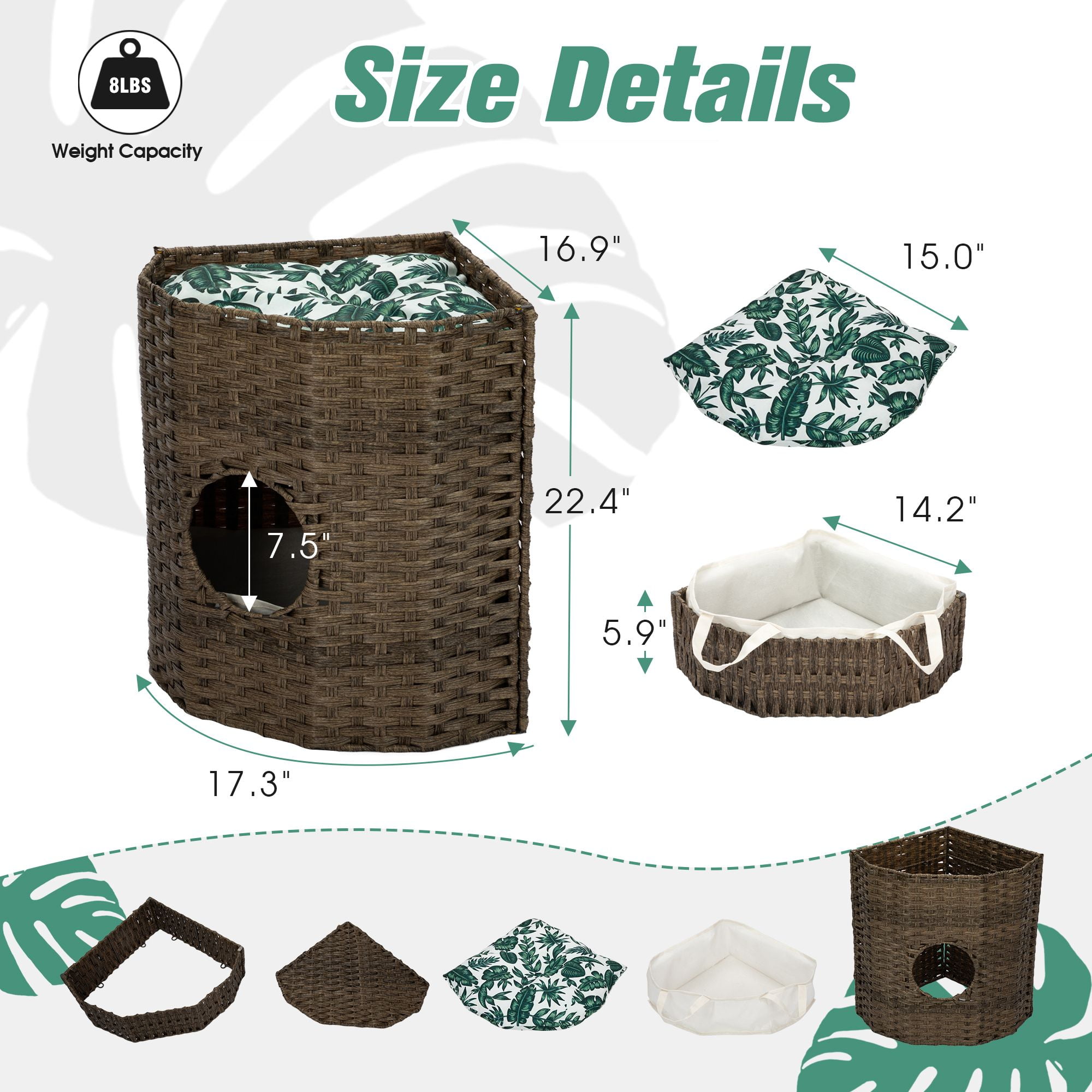 Pefilos 22" Cat Litter Box Enclosure with Waterproof Litter Bag and PP Mat, Hidden Washroom Handwoven Rattan Cat House for Living Room, Bedroom, Brown