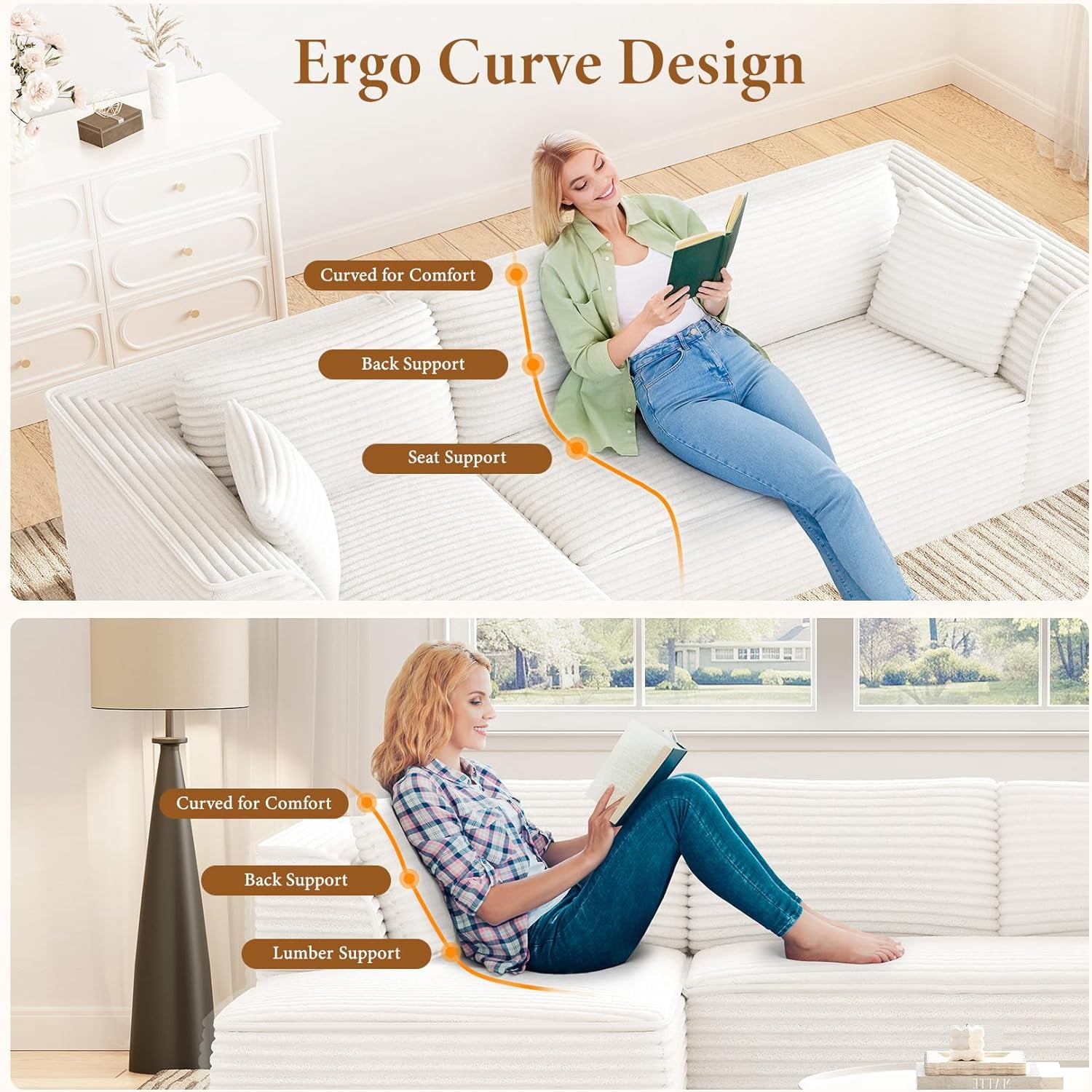 Neche 106" Boneless Couch with Chaise, Deep Seat Comfy Cloud Modular Sofa Corduroy Memory Foam Sectional Couches for Living Room Bedroom, No Assembly Required (Beige, Left-Facing Chaise)
