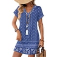thumbnail image 2 of CHIUNL Summer Dresses for Women, V Neck Short Sleeve Ethnic Floral Mini Dress with Pockets, Casual Boho T-Shirt Dress, Fashion Vacation Outfits for Beach, Women Clothing (Blue S), 2 of 8