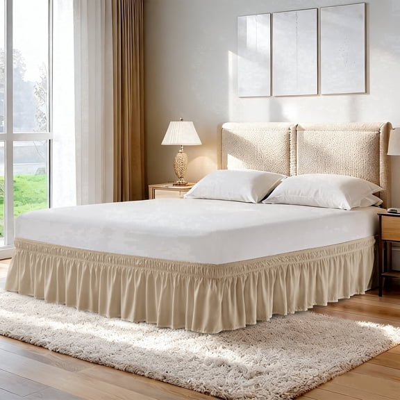 Luxshare Home Elastic Wrap Around Dust Ruffle Bed Skirt With Drop Easy Fit Elastic Strap For Queen, Camel