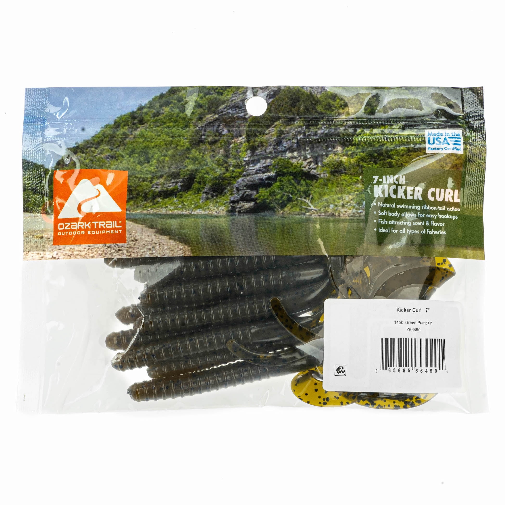(3 pack) Ozark Trail Kicker Curl 7", Green Pumpkin, 14 pieces Fishing Soft Baits