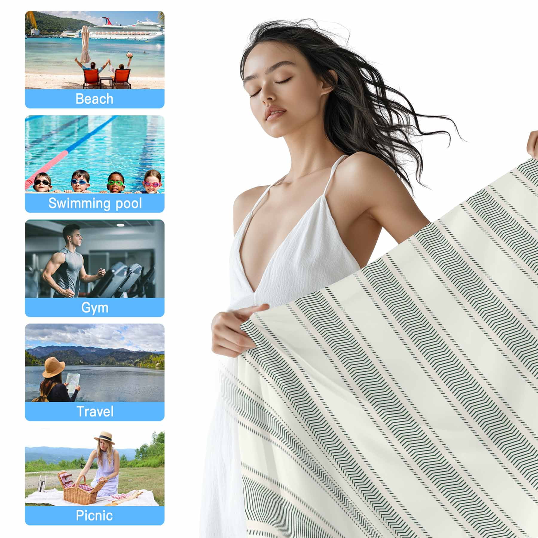 Beach Towel Sage Green Stripes Bath Pool Towels Vertical Striped Line Absorbent Beach Towel Soft Large Quick Dry Lightweight Camping Travel Sports Yoga Gym Swim Towels for Adult 35x70 Inch