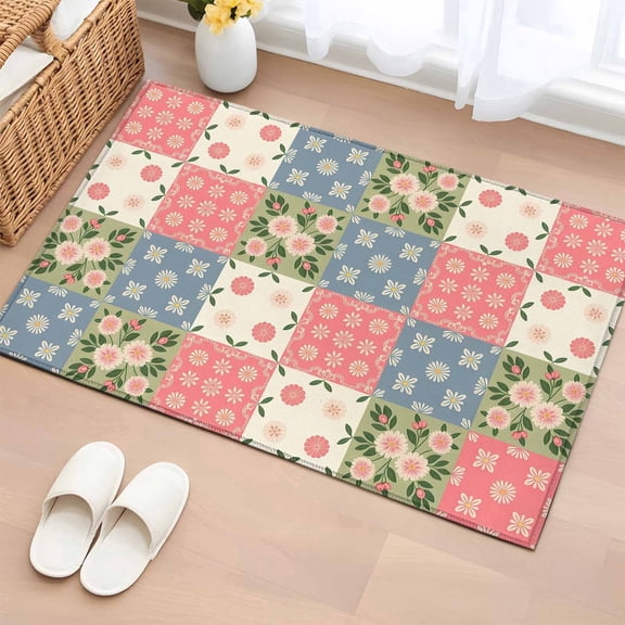 Bathroom Rugs 2x3 Ft, Japanese Style Non Slip Area Rugs for Kitchen Bedroom Entryway, Colorful Patchwork Flowers Leaves Plaid Washable Carpet Runner Rug Floor Mats for Bedroom Home Decor