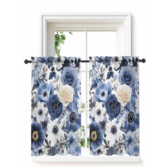 Blue Flower Tier Curtains 45 Inch Length,Sheer Curtains for Bedroom Living Room Window Vintage Ink Rose Floral Spring Botanical Rod Pocket Drapes Kitchen Curtains Small Half Window 27.5"x45" 2 Panels