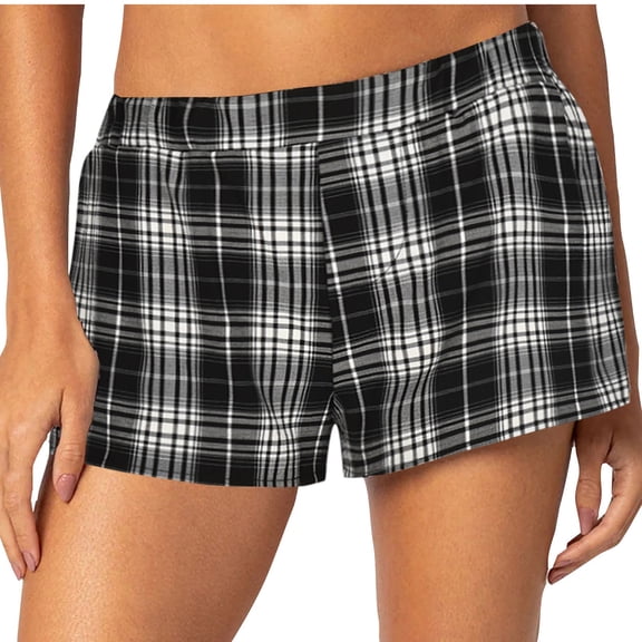 Summer Hot Short Pants Womens Trendy Elastic Waistband Trendy Plaid Shorts Casual Fashion Cotton Pjs Mini Shorts (XL, Black)