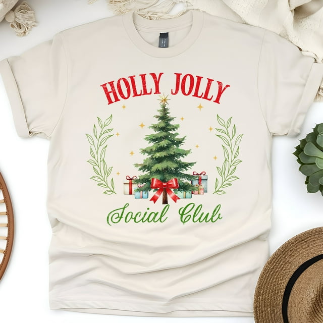 Holly Jolly Social Club T-Shirt | Christmas Tree Graphic Tee, Natural, Size XL