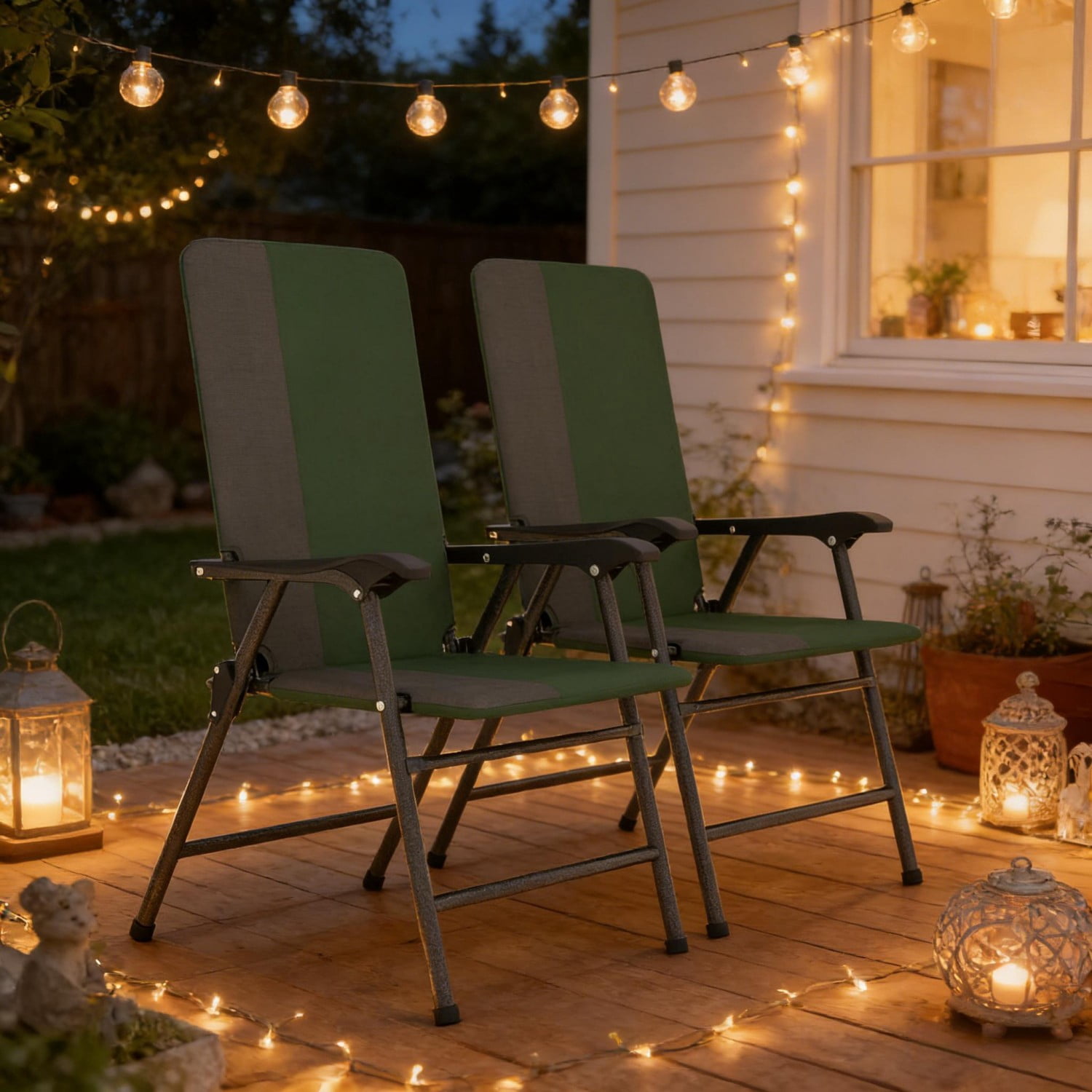 High Back Lawn Chairs Set of 2, Folding Camping Chairs with Padded 600D Oxford Fabric, Portable Patio Chairs with Steel Frame for Lawn, Beach, Porch, Gray & Dark Green