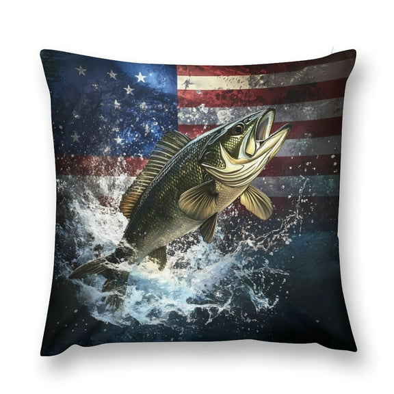 American Flag Jumping Largemouth Bass Fish Throw Pillow Cases Plush Pillow Cover Decorative Pillowcases Zipper Closure Cushion Covers for Couch Living Room Bedroom 12 "x12 "