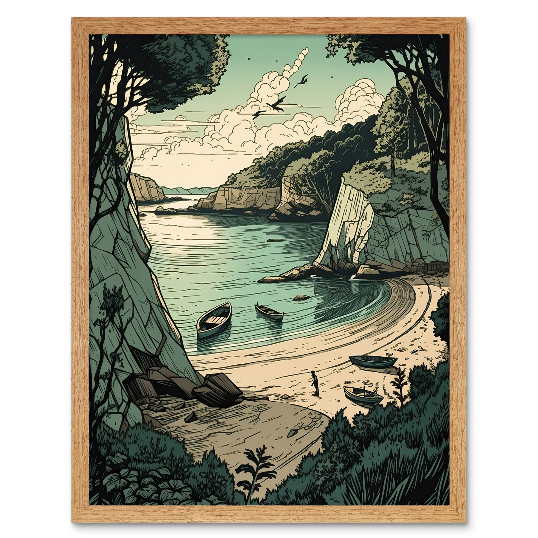 Wee Blue Coo Travel Norway Viking Boat Art Print - Framed Poster Wall Decor 12x16 Inches