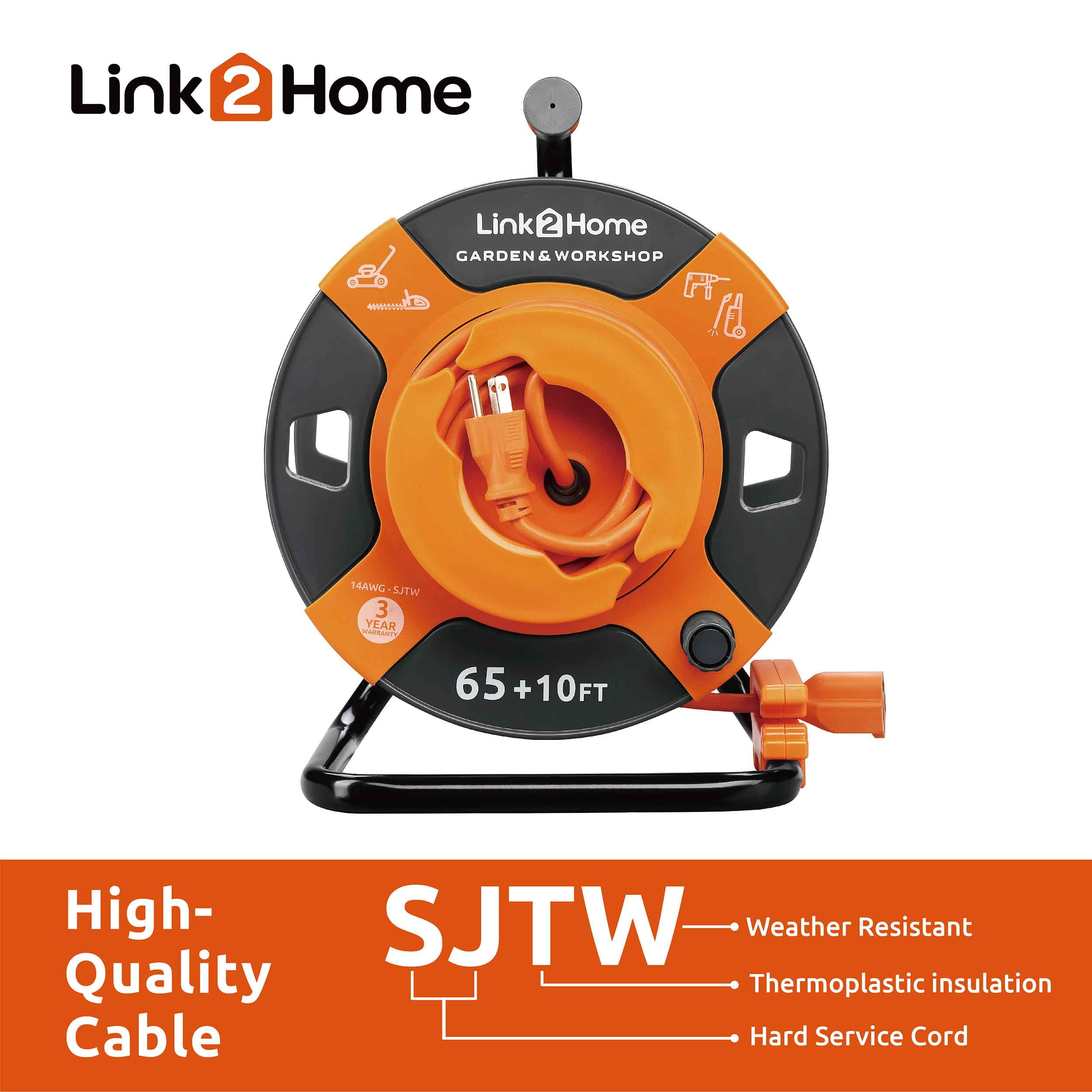 Link2Home Garden and Workshop Cord Reel 75 ft. Extension Cord 4 Power  Outlets – 14 AWG SJTW Cable 