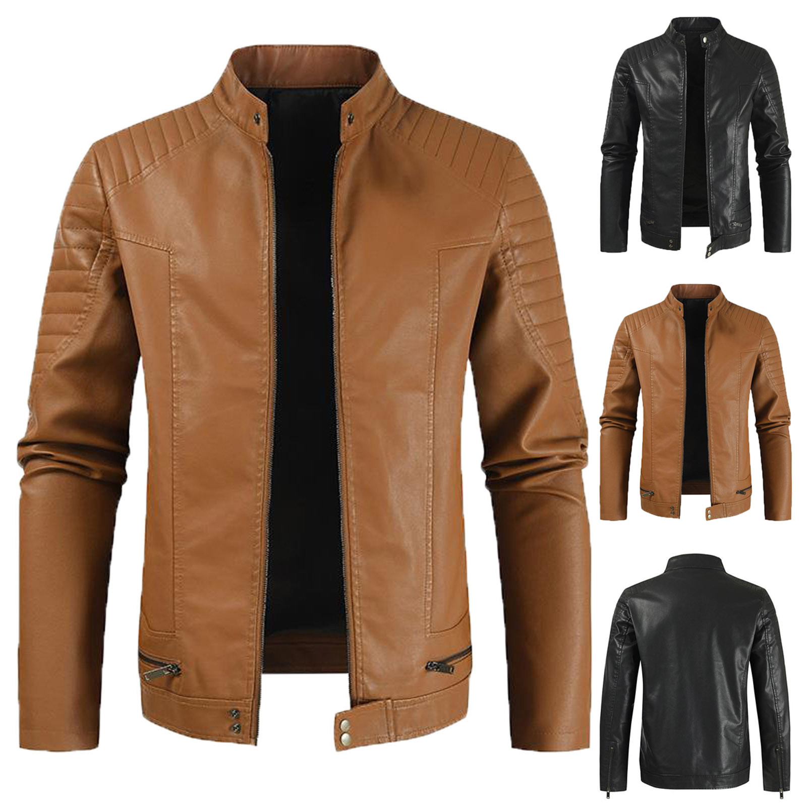 APEXFWDT Men's Motorcycle Leather Jacket Casual Stand Collar Zip Up