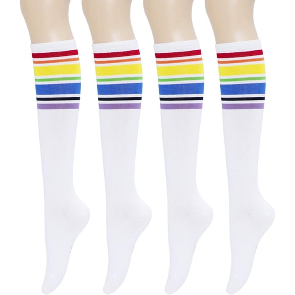 Knee High Socks for Women – 4 Pairs Solid & Striped Color Cotton Long Socks, Size 6-10
