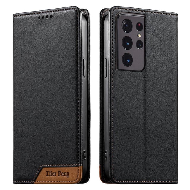 Funda Tipo Cartera de Cuero Sintético para Samsung Galaxy S21 Ultra Bloqueo RFID, con Ranuras para Tarjetas y Bolsillo para Efectivo, Cierre Magnético Fuerte Negro