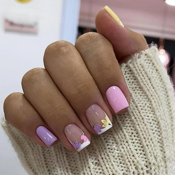 Press on Nails Short Square Fake Nails Glossy Glue on Nails Colorful Flower Acrylic Nails Squoval Artificial Nails Summer Macaron Stick on False Nails with Design 24 pcs 05810Pink&Yellow 0.04 Fl