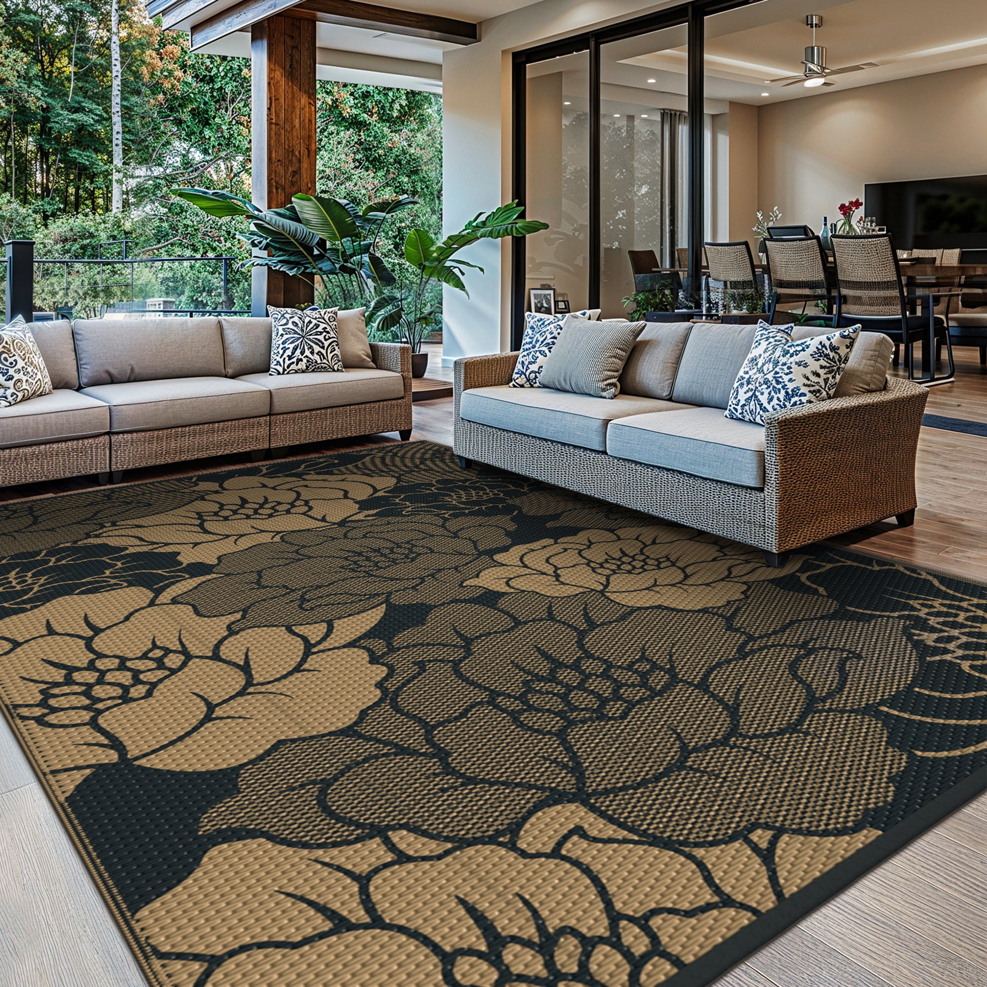 KUETH 6'x 9' Outdoor Rug Plastic Waterproof Outside Foldable Flower Mat UV Resistant Patio RV Deck Carpet,Black Brown