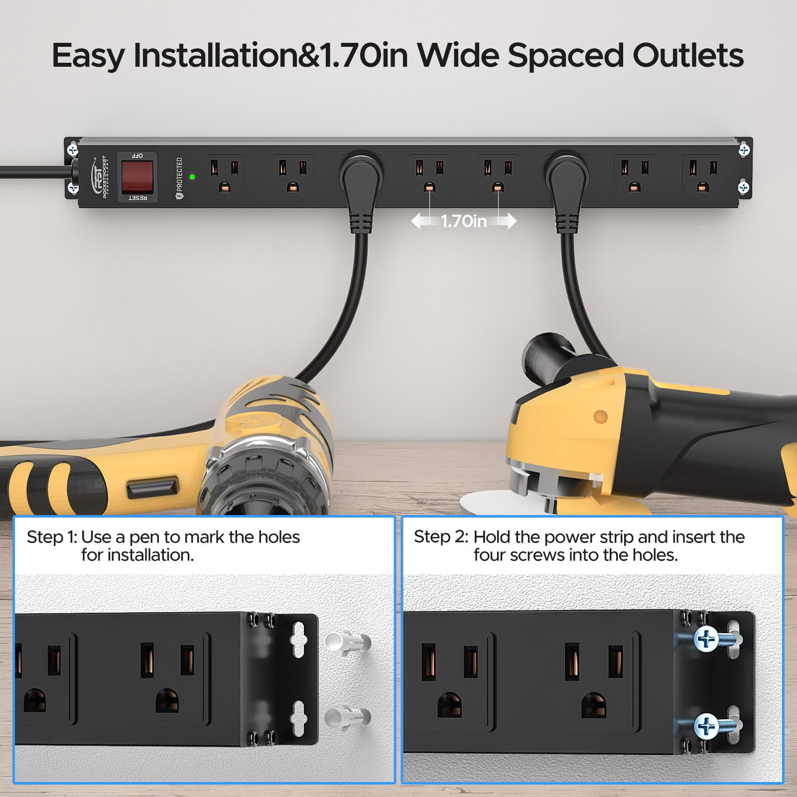 CRST Long Power Strip Surge Protector 8 Outlets Wide Spaced Socket Mountable 2100J with Angled Flat Plug Heavy Duty 6 Feet Extension Power Cord, Black