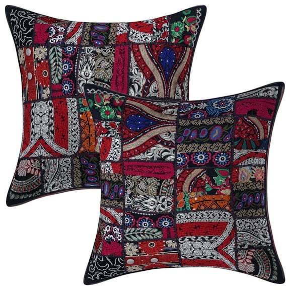 Stylo Culture Ethnic Cotton Home Decor Throw Pillow Covers Black 20 x 20 Bohemian Vintage Patchwork Ethnic Sofa Cushion Covers 50x50 cm Living Room Abstract Square Pillow Cases | Set Of 2