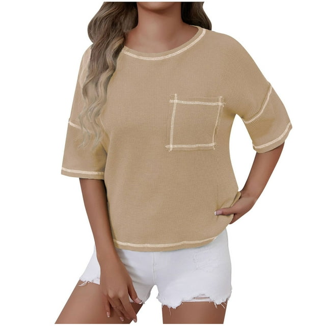 VSSSJ T-Shirt pour Femmes Manches Courtes Épaules Tombantes Col Rond Uni Texturé Coupe Décontractée avec Poche Chemises d'Été Beige P