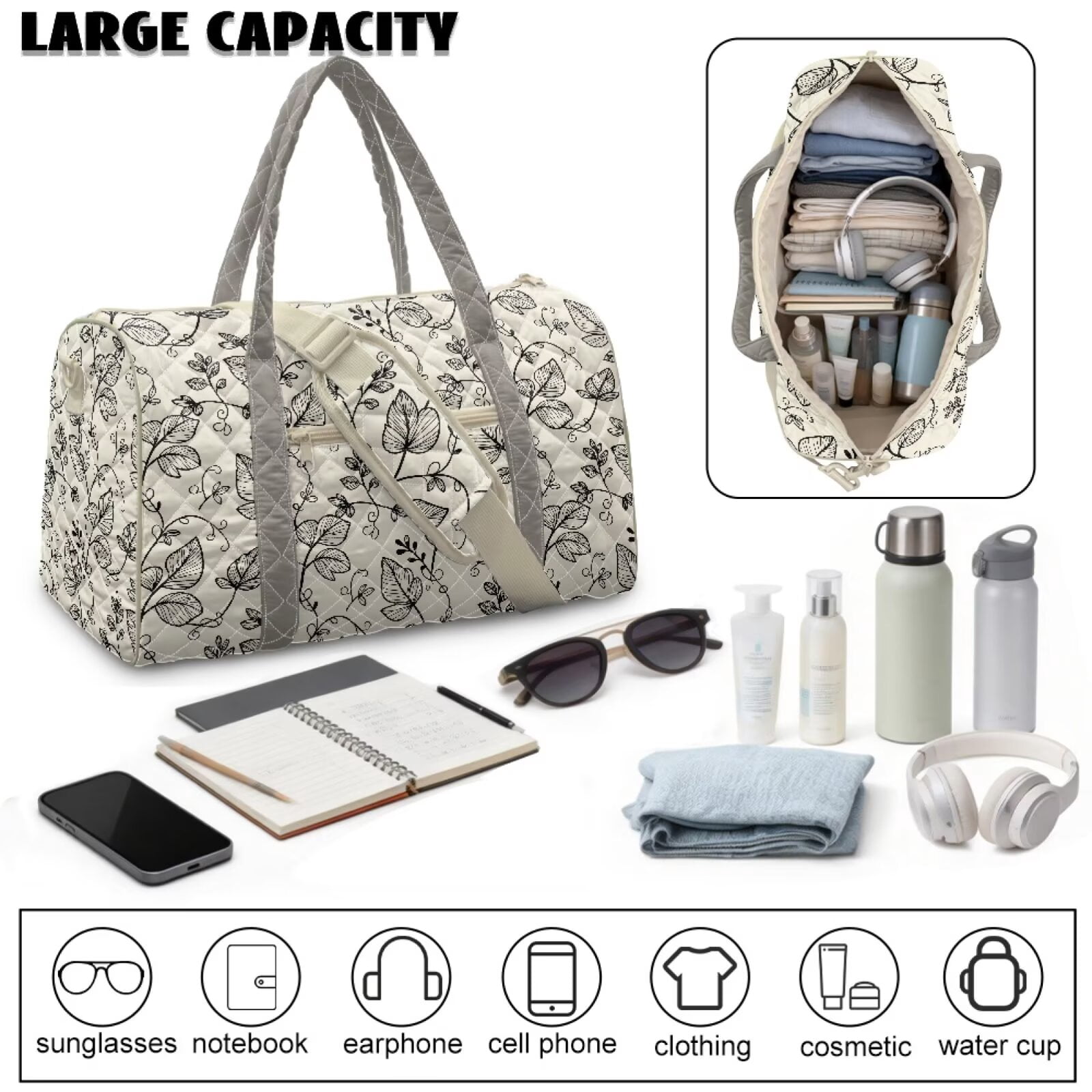 Chririnla Black Leaf Sketch Pattern Fit for Airplane Weekender Overnight Bags with Zipper Pocket & Shoulder Strap, Stylish Travel Luggage for Women