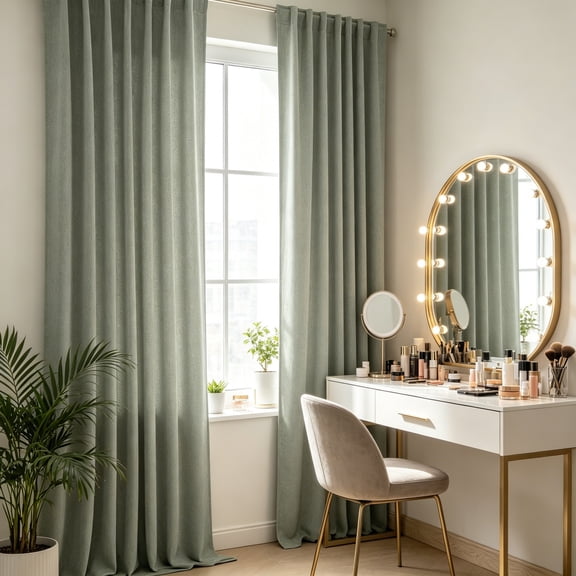 Sage Green Linen 100% Blackout Curtains for Living Room, 84 Inch Length Farmhouse Back Tab Textured Curtains for Bedroom, 2 Panels, 52"W x 84"L