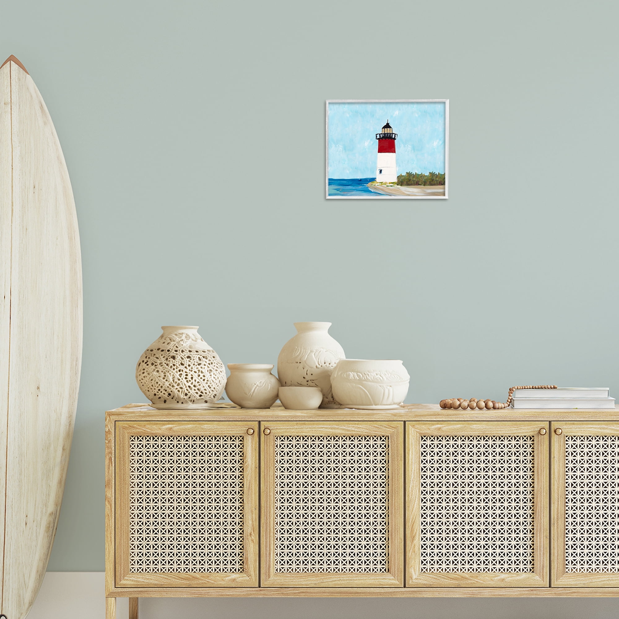 Stupell Industries Coastal Lighthouse on Blue Coastal Painting White Framed Art Print Wall Art, 14 x 11