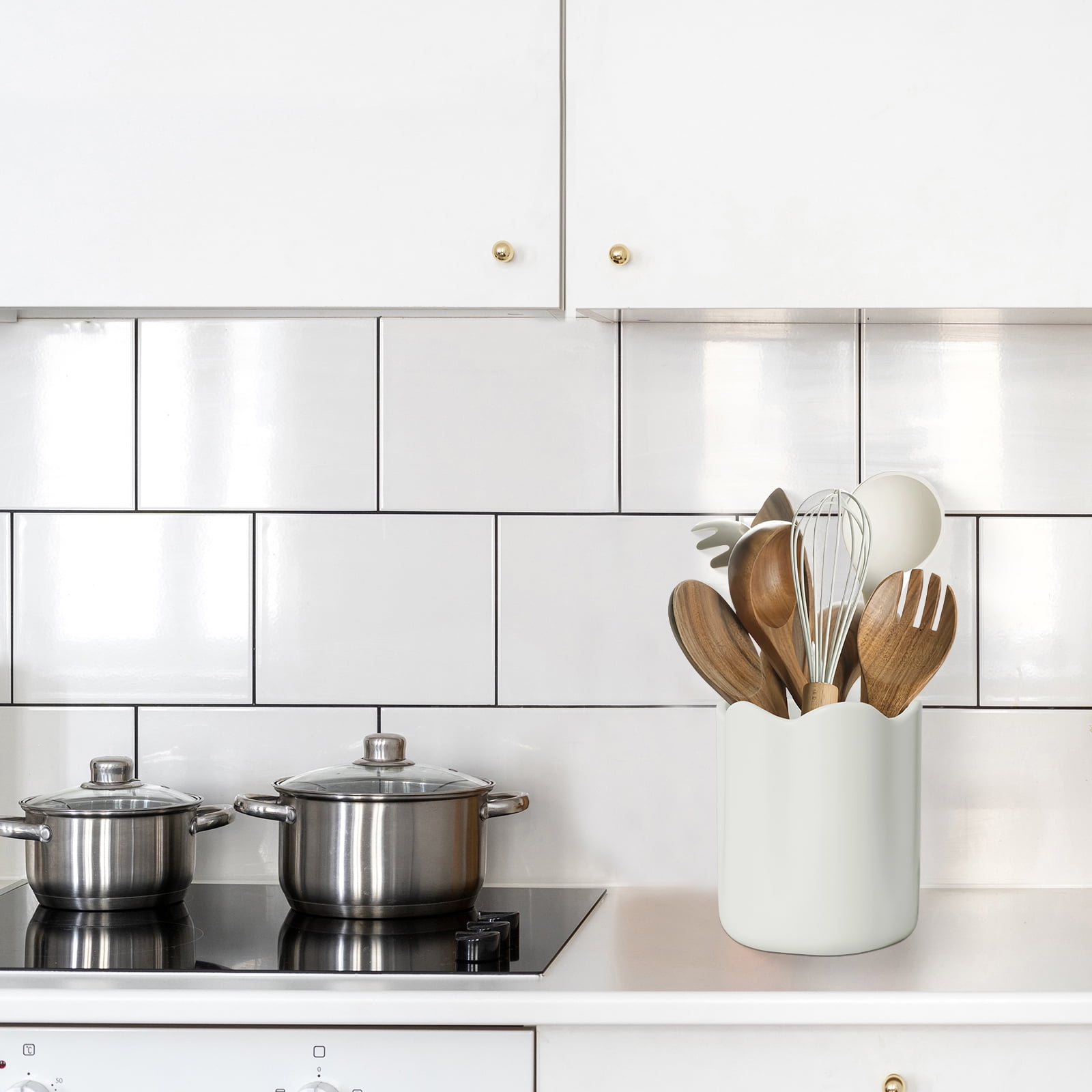 WormHome Ceramic Utensil Holder for Kitchen Counter, Large Kitchen Utensil Holder for Countertop with Cork Bottom, Cooking Tool Organizer for Spatula, White