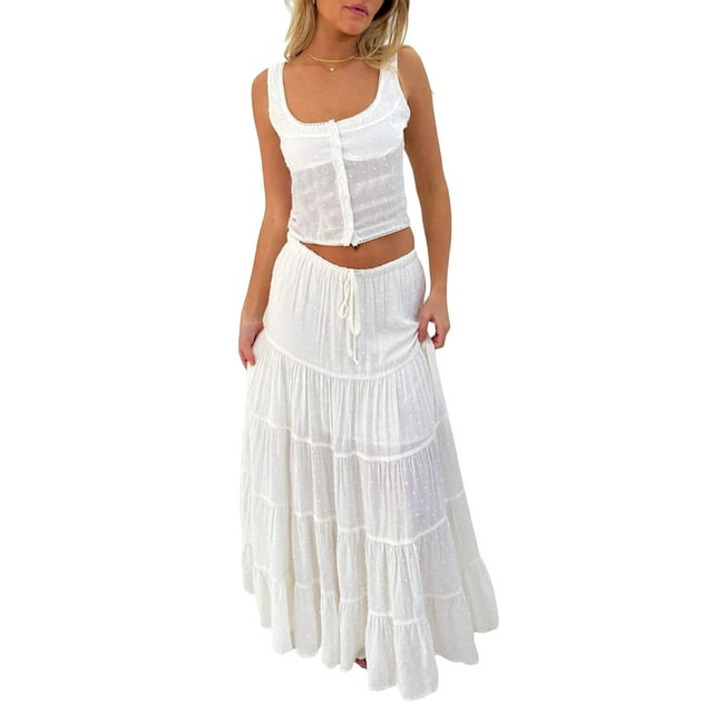 Gupgi Women 2 Piece Solid Color Set Sleeveless Tank Tops Ruffle Flowy Long Skirt Vacation Beach Outfits