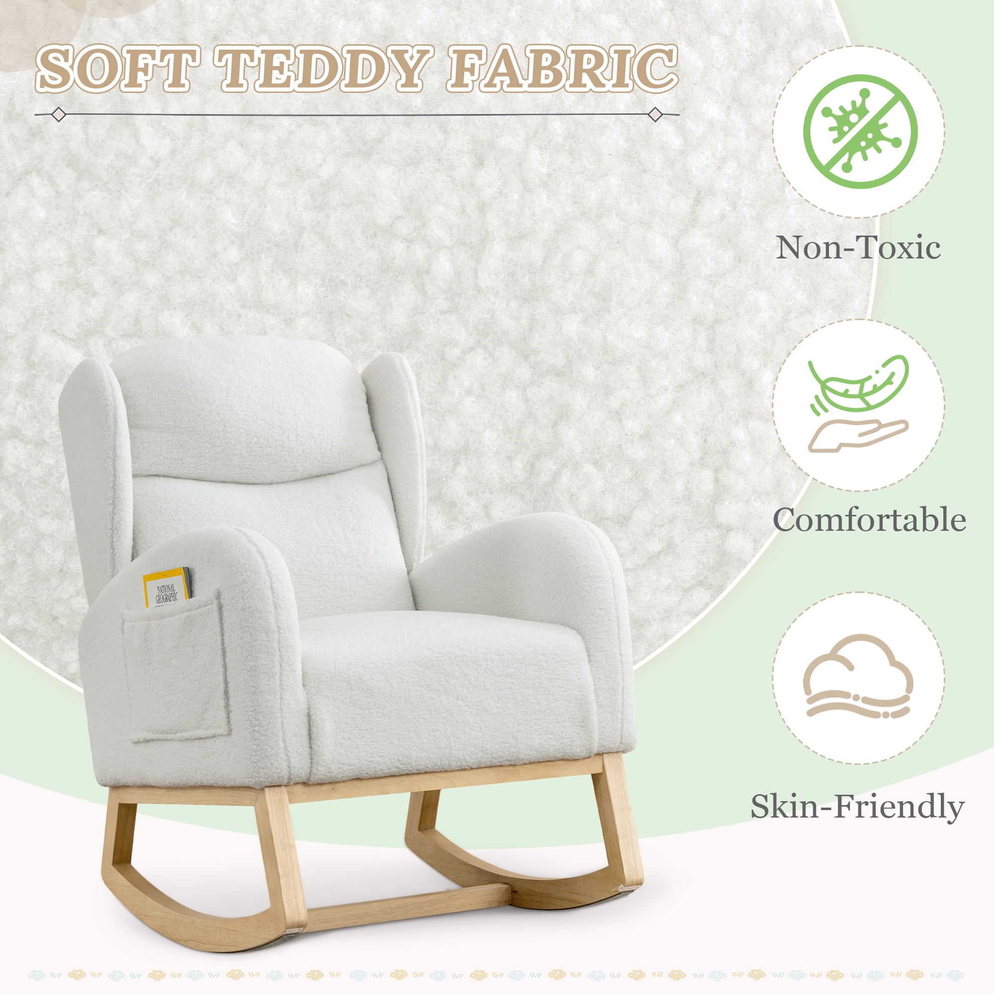Muumblus Nursery Rocking Chair, Wingback Glider Rocker, Indoor Uphlostered Rocking Chair, Ivory Teddy