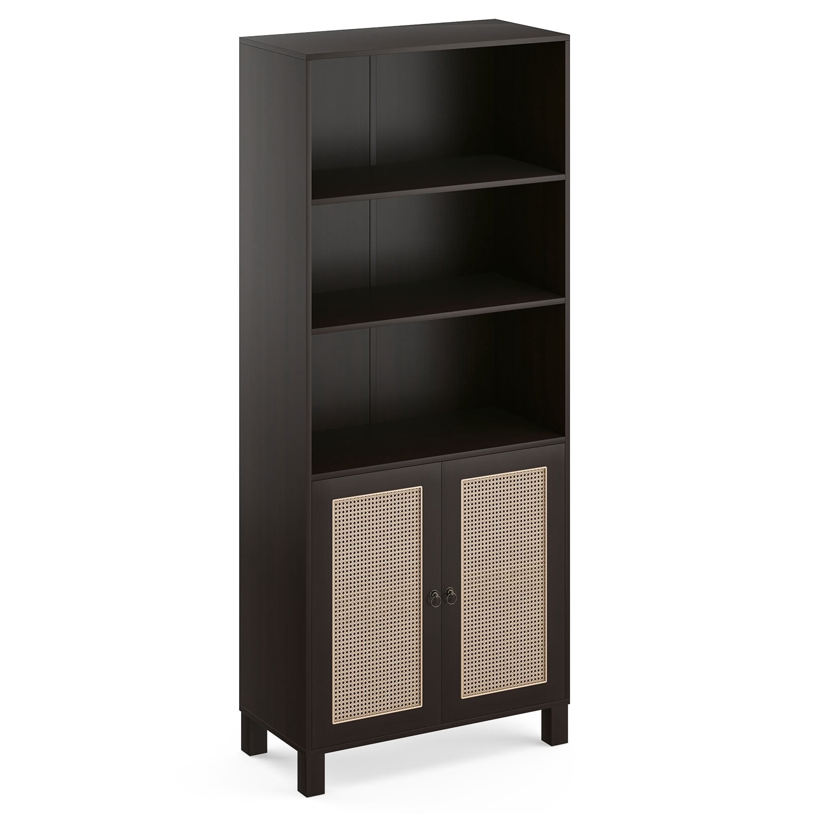 MAYEERTY 5-Tier Tall Bookcase with Rattan Doors, Freestanding Wood Bookshelf with Closed Storage Cabinet, for Library Living Room Bedroom Home Office