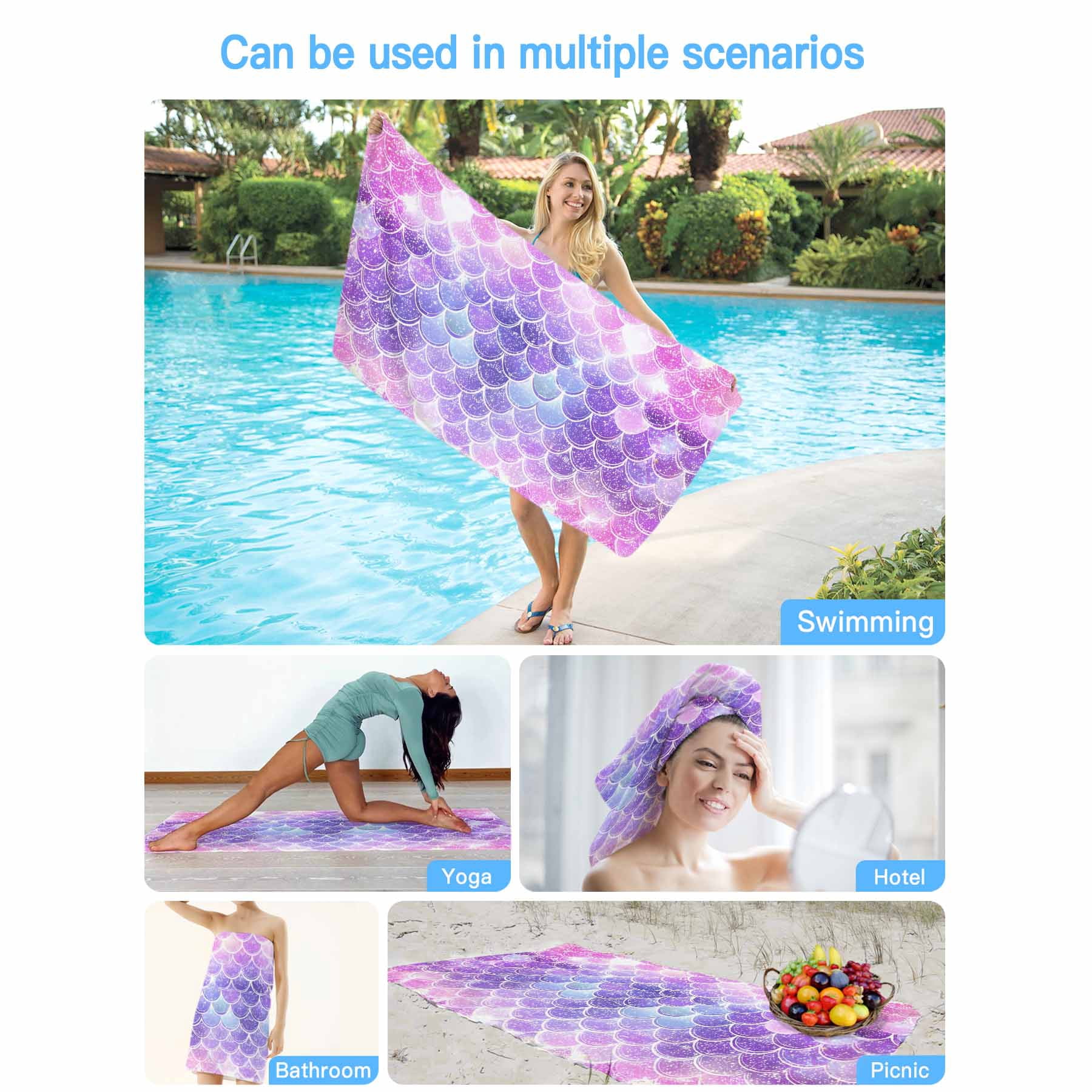 Purple Pink Mermaid Scales Beach Towels Blanket Soft&Absorbent Quick Dry Microfiber Gradual Fish Scale Pattern Pool Towels for Swimming ,Yoga, Sports, Gym, Camping,Large 35X70in,