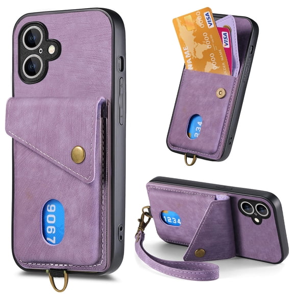 Feishell for iPhone 16 Plus, Wallet Case with Card Holder Leather Card Slots Kickstand Shockproof RFID Blocking Magnetic Clasp Protective Cover with Wrist Strap for Women Men, Purple