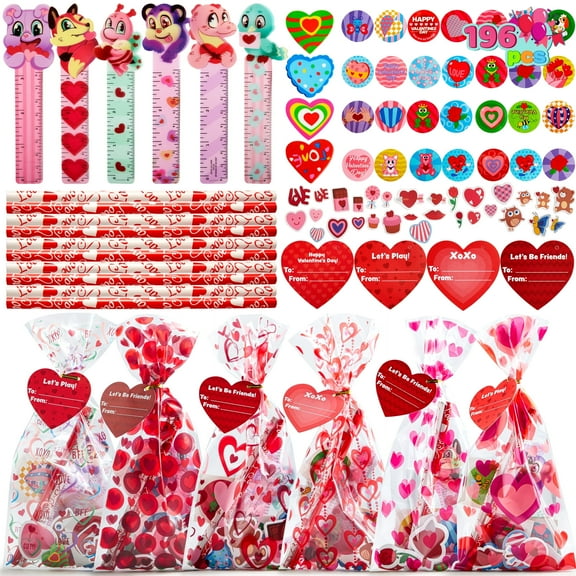 Joyfy 196 PCS Valentines Gifts for Kids,Valentines Goodie Bag Stuffers, Valentines Cards for Kids Classroom Exchange, Assorted Stationery Set for School Prizes Party Favors Treats