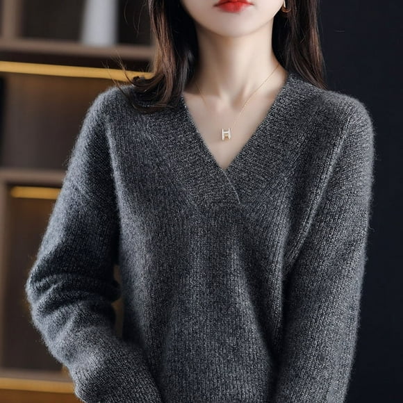 Suéter elegante de cuello en V de primavera para mujer, suéter holgado de estilo perezoso, suéter de cachemira adelgazante