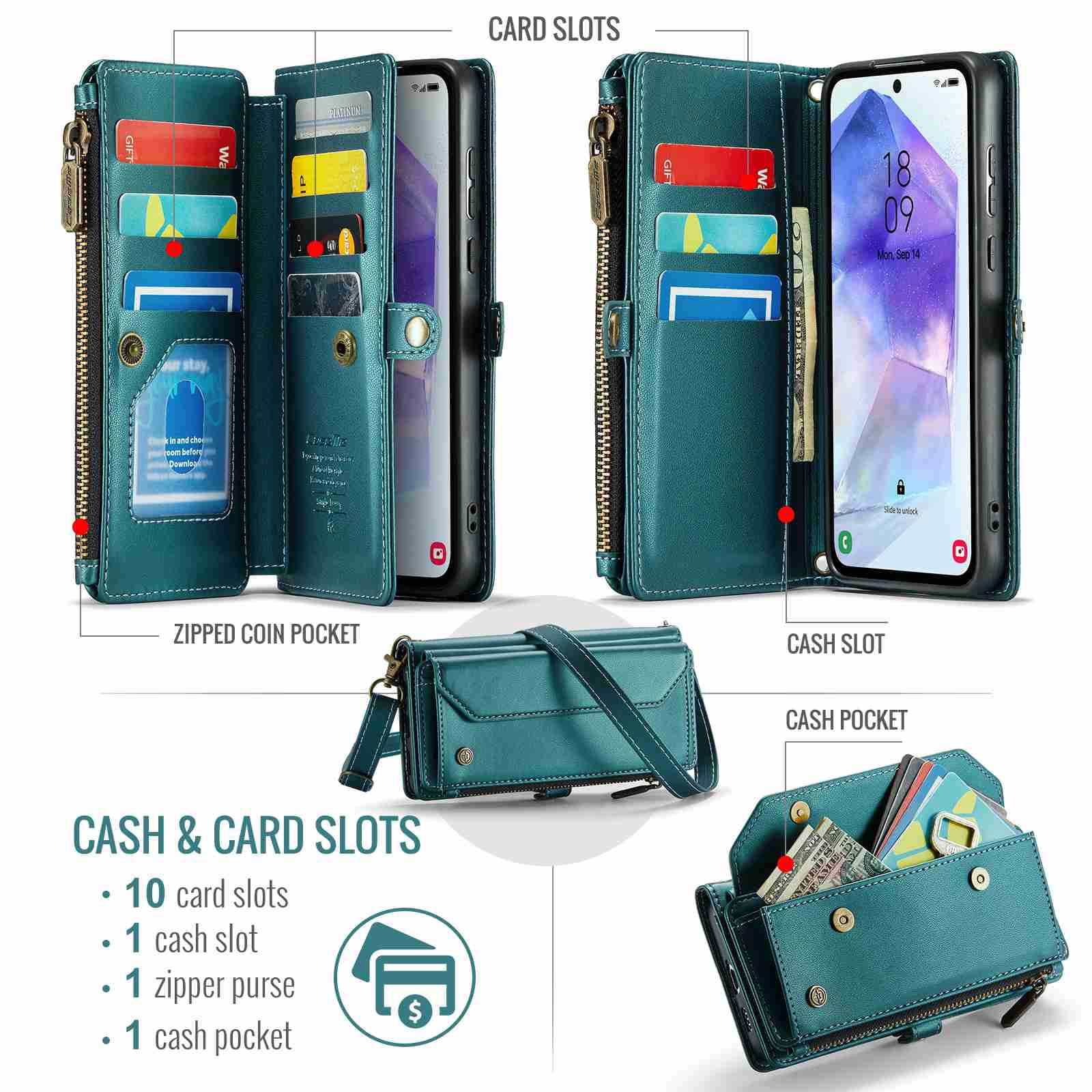 Dteck for Samsung A23 Case with RFID Blocking Wallet Case for Women Men, Shockproof PU Leather Magnetic Flip Strap Zipper Card Holder Phone Case,Green