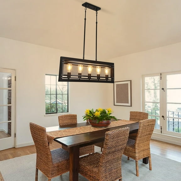 Farmhouse Chandeliers for Dining Room, Rustic Kitchen Island Light Fixture, 5-Light Linear Pendant Lighting Rectangular Chandelier, Metal Solid Chandelier Not Included Bulbs