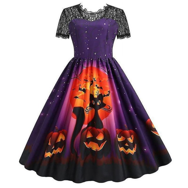 Vestido Retro de encaje para Halloween, disfraces de mujer de manga corta de los años 50 y 60, vestidos de fiesta Vintage con calavera y bruja, ropa aterradora para Halloween, Cosplay