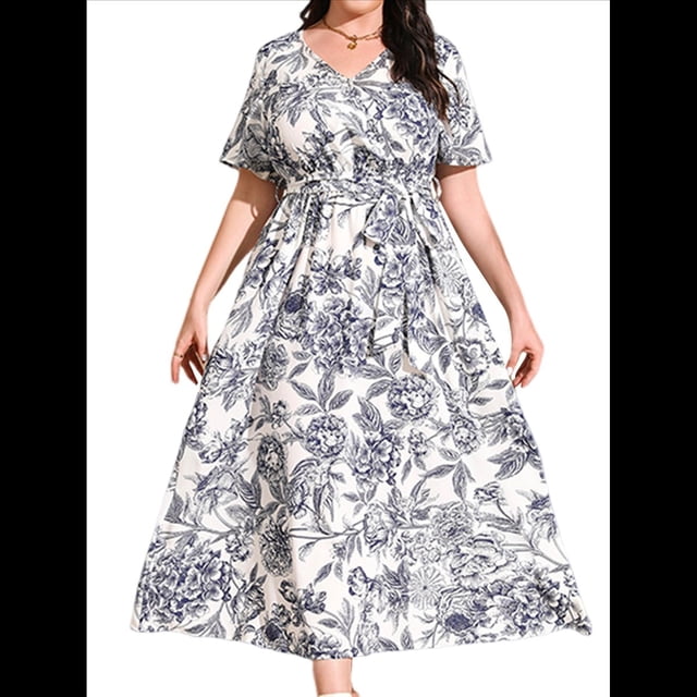 Vestido de Verano Holgado Informal de Corta con Corte A y Corte en A para Mujer, Talla Grande Dibujo en XL