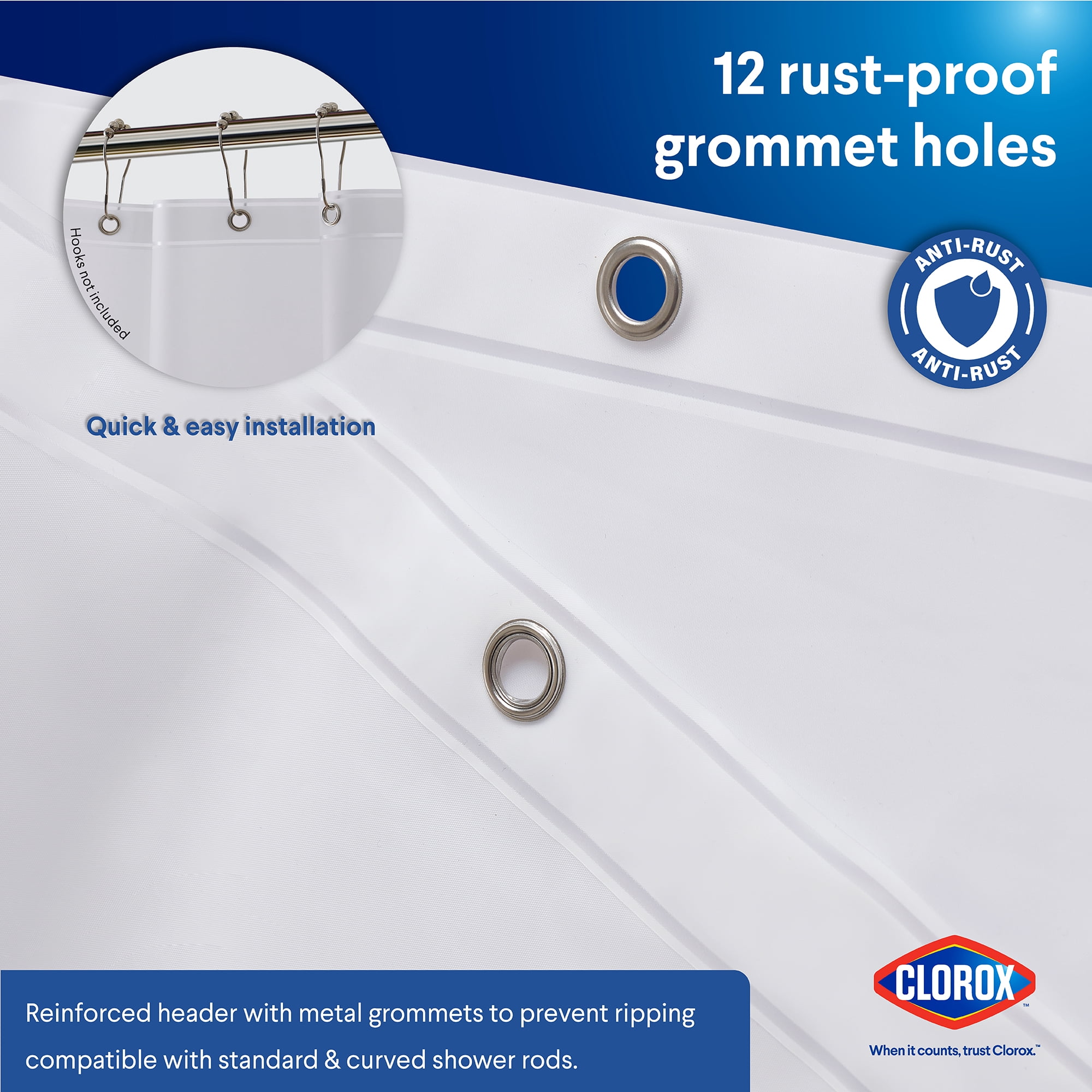 Clorox Shower Curtain Liner Heavyweight Waterproof PEVA with Metal Grommets 72" x 72" Frosty