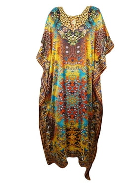 Mogul Women's Boho Chic Maxi Caftan Dresses Jewel Print Kimono Sleeves Loose Cover Up House Dress Kaftan One Size