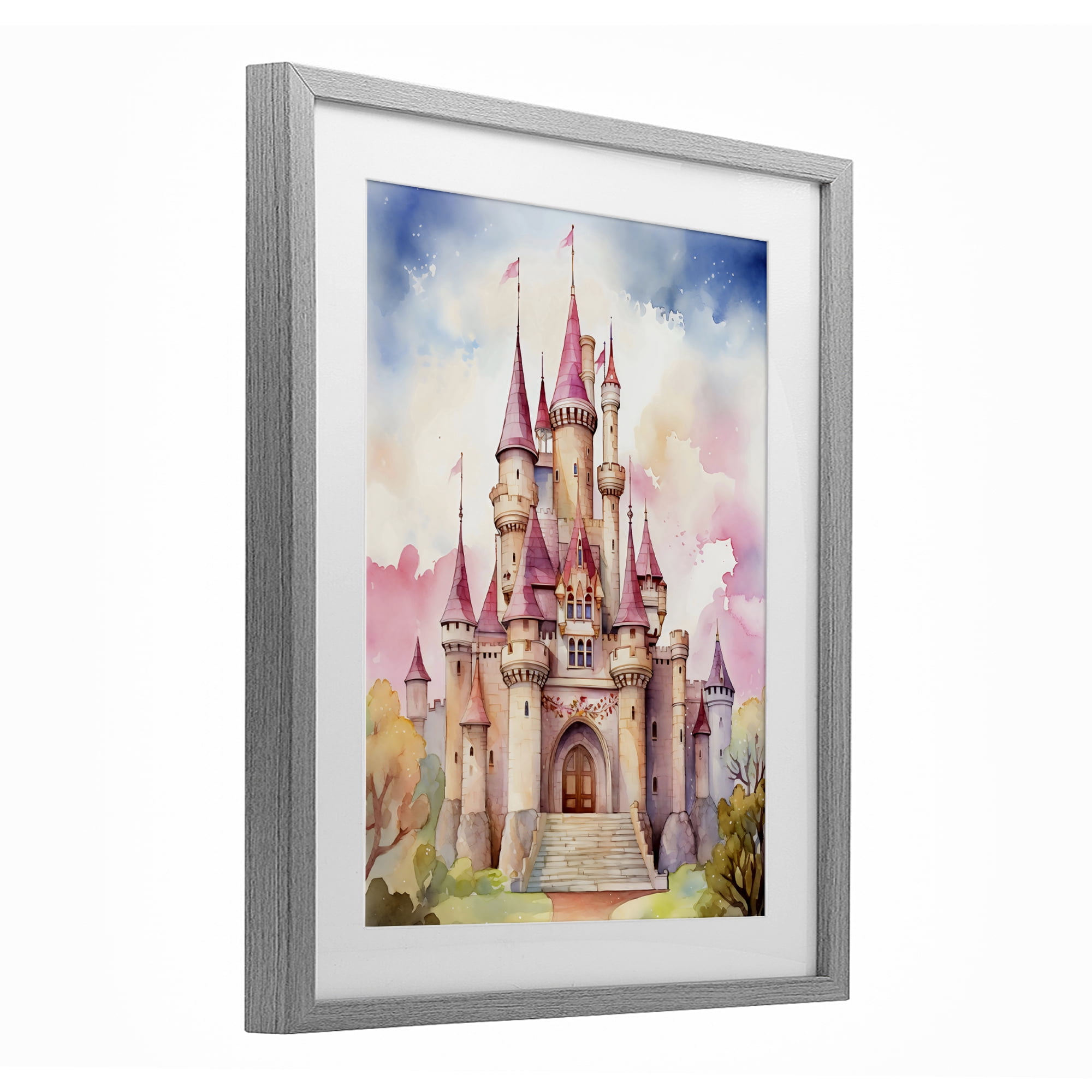 Stupell Industries Princess Castle Watercolor Portrait Gray Framed Print Under Glass, design by Creative Studio