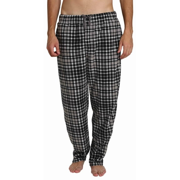 Adult Mens Fleece Pajama Jammies Pants Black and Grey Manhattan Plaid L