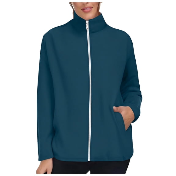 larppty Women Solid Color Full Zip Up Stand Collar Sweatshirt Jacket Cozy Fall Fleece Coat with Pockets Workout Outerwear (Navy, S)