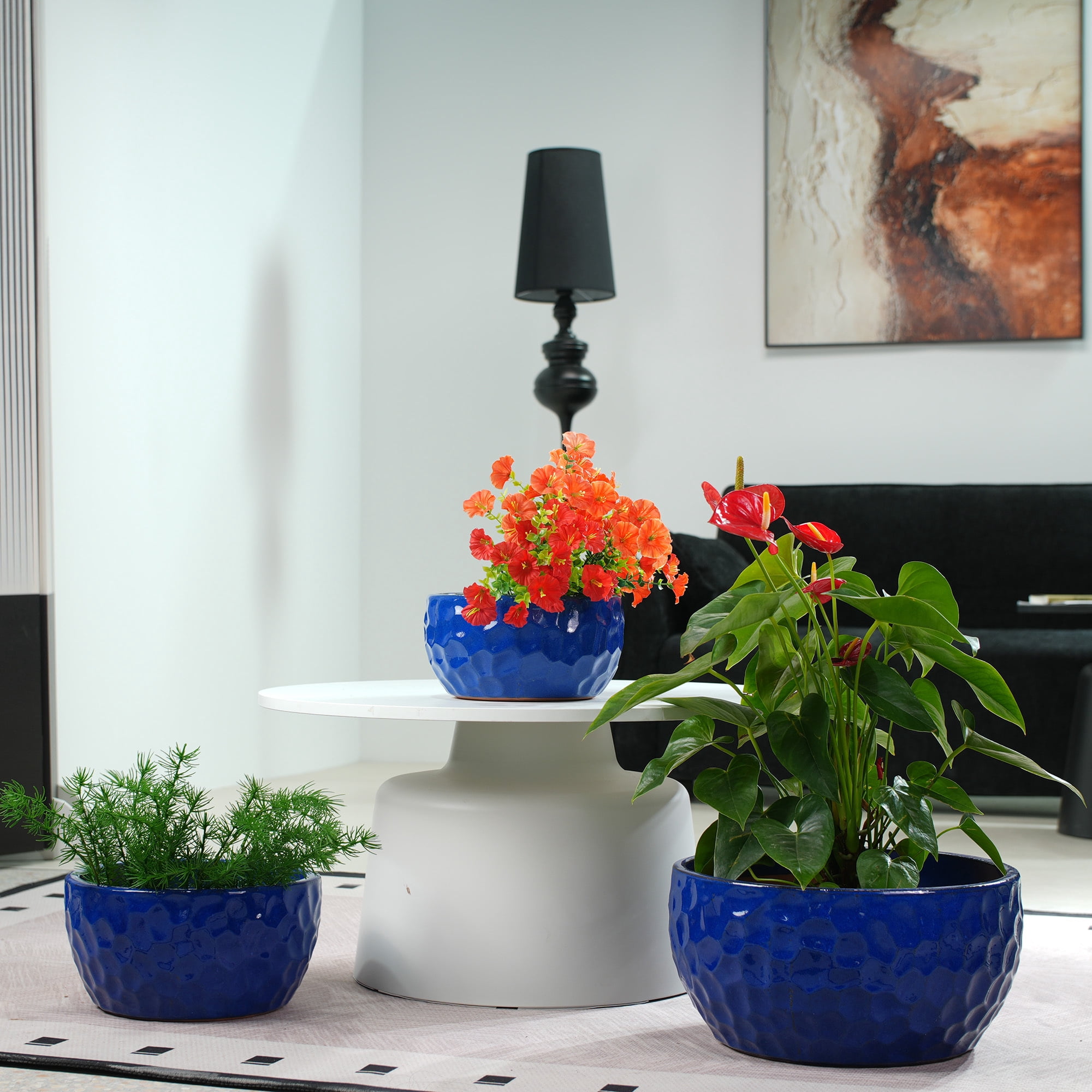 Leumius Set of 3 Handmade Ceramic Planter, 15"/12"/10" Diameter, Cobalt Blue Hammered Texture, for Succulents & Violets, Indoor/Outdoor Use on Windowsill & Bookshelf Antique Blue