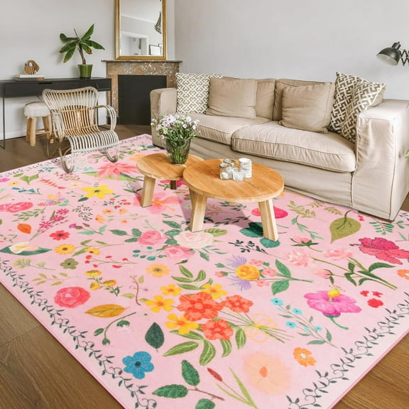 Balacho Cozy Bohemian Style Floral Design Faux Wool Area Rug, 5' x 7', Pink