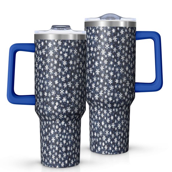 Dark Blue Christmas Snowflake Pattern Tumbler with Handle and Lid,40oz Double Wall Vacuum Insulated Tumbler,Cups Gift for Women and Men