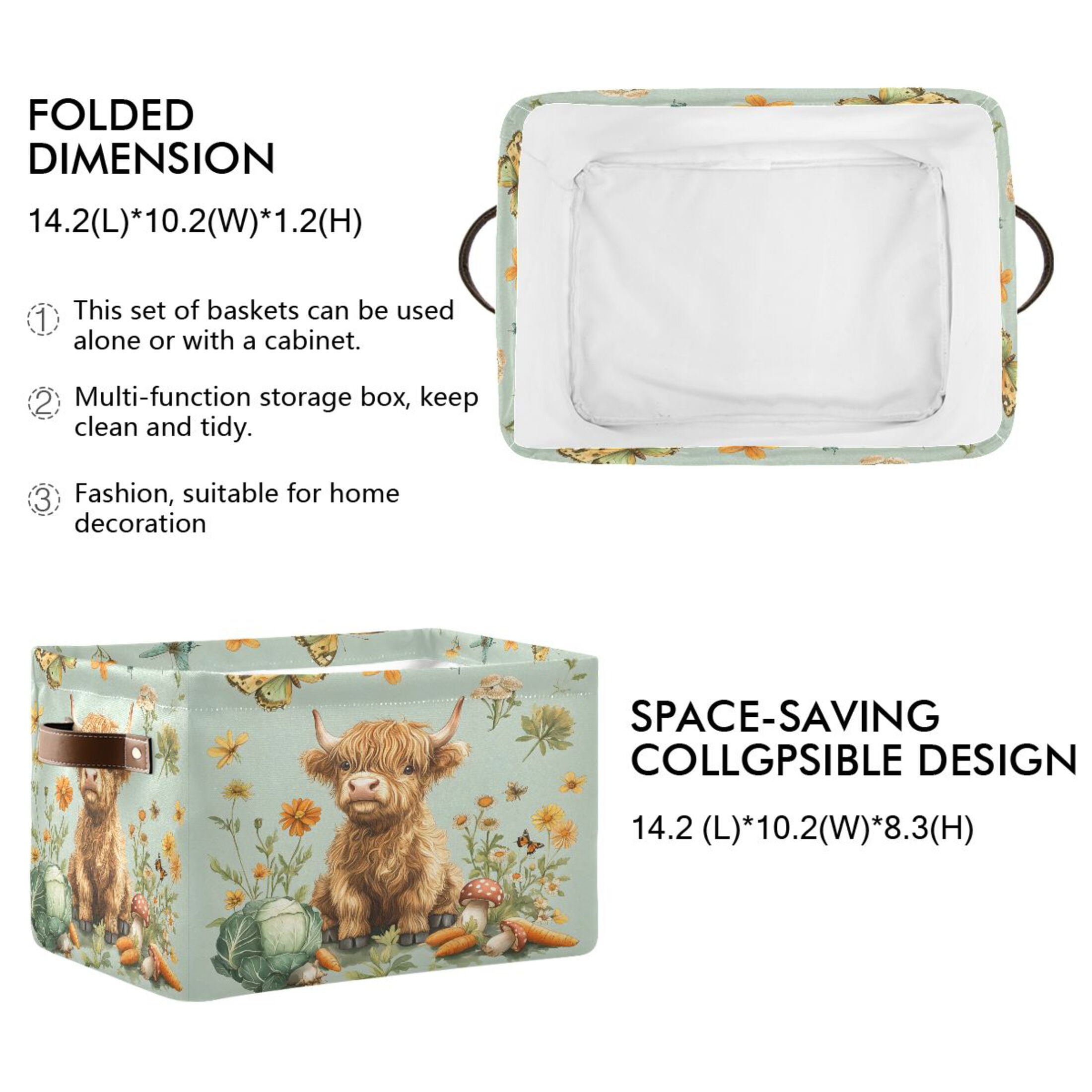 Ryvnso Highland Cattle Butterfly Storage Basket Large Bin Foldable Boxes Toys Organizer 14.2x10.2x8.3in 2 PCs