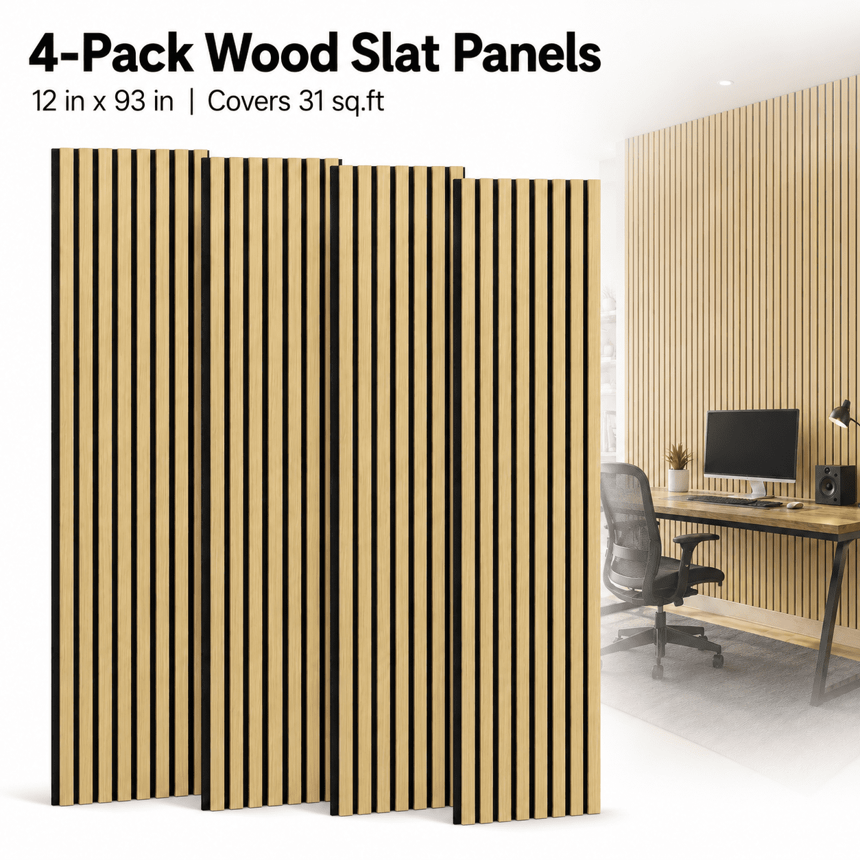 Yeslife 4-Pack Wood Slat Acoustic Wall Panels, 12 in. x 93 in., Oak MDF, Sound Absorbing, Interior Accent Wall, 31 sq. ft.