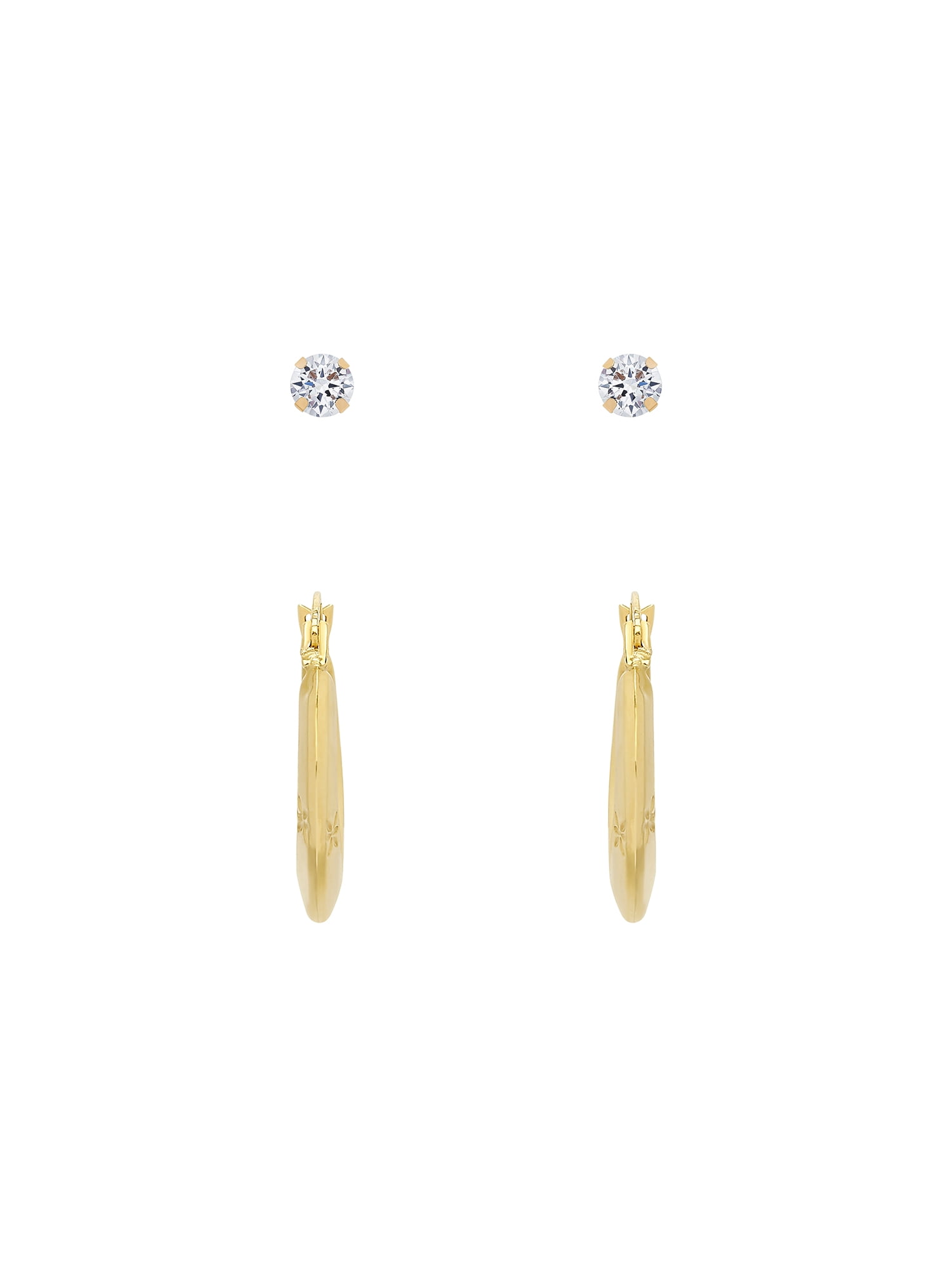 Brilliance Fine Jewelry Cubic Zirconia 6MM Studs and Hollow Hoops Set in 10K Yellow Gold