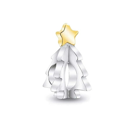 Christmas Tree Star Charm - Two Toned Gold Plated Five Point Star Christmas Tree Holiday Bead Charm .925 Sterling Silver