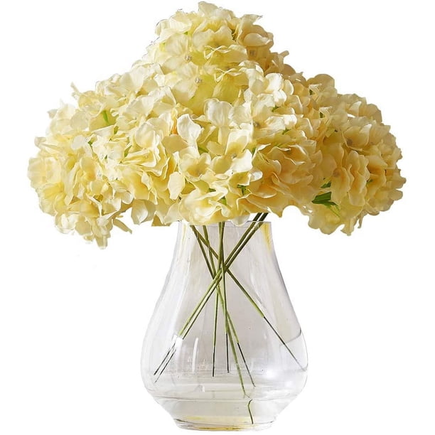 Nvzi Flores artificiales de hortensia con cabezas amarillas, 10 flores de seda de hortensia falsas para centros de mesa de boda, ramos, decoración floral de bricolaje, decoración del hogar con tallos